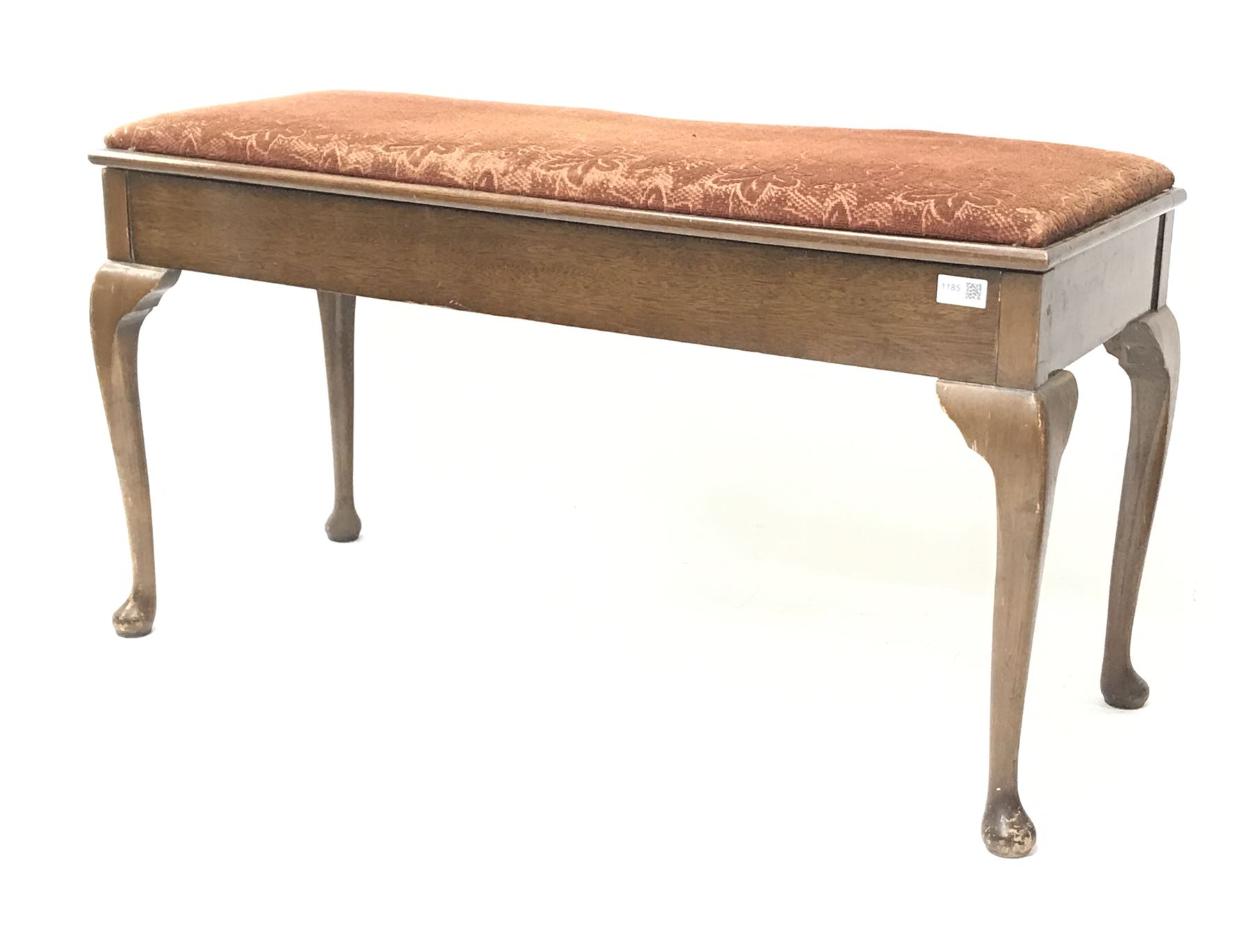 Early 20th century mahogany duet piano stool, upholstered hinged seat enclosing storage compartment, on cabriole supports, W95cm, H52cm, D38cm