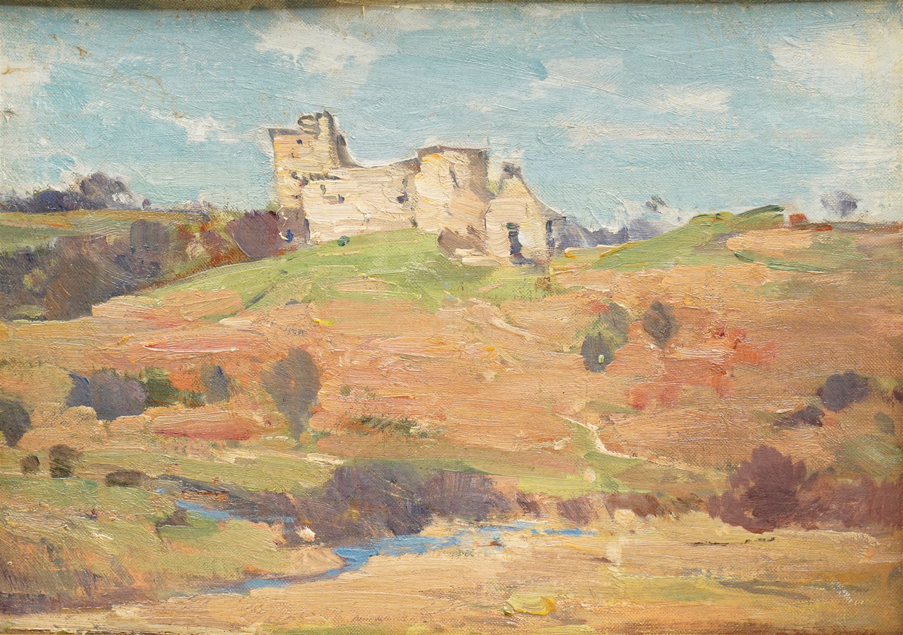 Crichton Miller (Scottish 20th century): Castle on the Hill, oil on board signed 24cm x 34cm