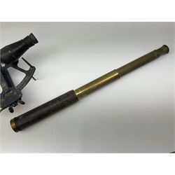 Henry Hughes & Son 'Husun' black finished brass sextant marked H (broad arrow) O No.287 W29cm; and a 19th century Harris & Son London brass three-draw telescope with leather covered tube L72cm extended (2)