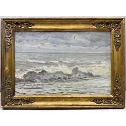 Dame Ethel Walker DBE ARA (British 1861-1951): Seascape Study with Seagulls, oil on canvas laid on board unsigned, old attribution and title label verso along with Whitley Bay framer's label 26cm x 39cm 
Notes: probably a view at Robin Hood's Bay, where Walker had a cottage.