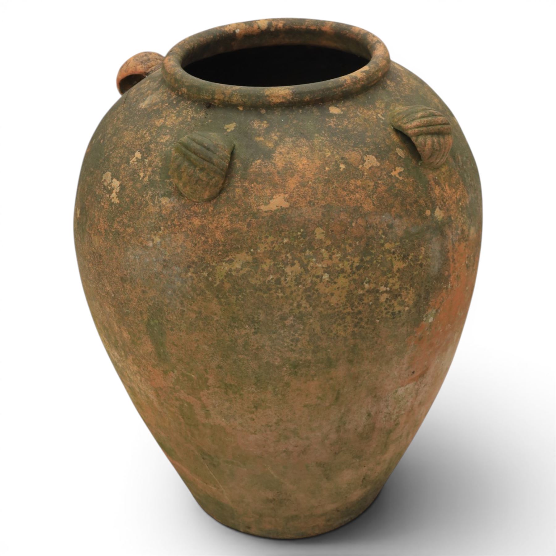 Large 20th century weathered terracotta urn, of ovoid form with four loop handles to shoulder, H61cm