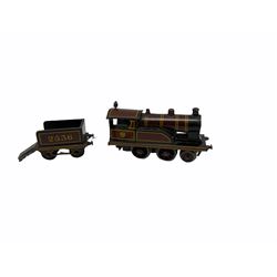 Bing '00' gauge - Table Top train set with clockwork 2-4-0 LMS locomotive and tender, three passenger coaches, signal box and thirteen sections of track; unboxed.