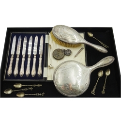  Set of six Victorian silver handled desert knives by William Hutton & Sons Ltd, Sheffield 1918, cased, silver Victorian pocket watch, Georgian spoon, dressing table mirror and brush, all hallmarked etc  