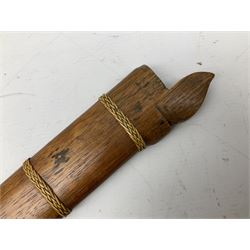 Malaysian parang survival knife the 29cm steel blade with character marks, cane bound teak grip carved with a stylised turtle head to the pommel, with matching teak scabbard L46cm overall