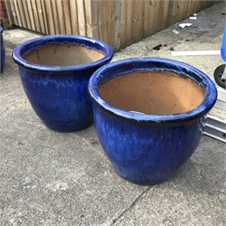 Pair large blue glazed terracotta pots, H49cm