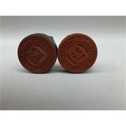 Terry Pratchett Discworld figures, designed by Clarecraft, comprising Cohen the barbarian, DW42, the Patrician, boxed, DW37, three Potions, DW18, DW19, DW20, two Death Bookstamps, DW50, the Gods Dice Box, boxed, DW26, together with two Discworld newsletters, volume 5, August 1998 and volume 6, August 1999. 