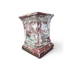 Early 20th century terracotta pedestal, square form with egg and dart detail, four lions masks to either side, finished in distressed cream paint