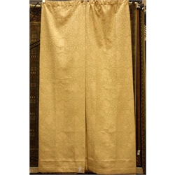  Two pairs of gold floral patterned curtains with raised gilt stitching, W133cm, Fall 230cm and W192cm, Fall 182cm  