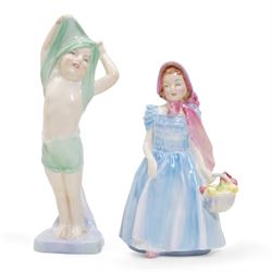 Royal Doulton figure, In the Stocks, HN2163,  H15cm, and four other Royal Doulton figures, To Bed HN1805, Babie HN1279, Wendy HN2109 and Penny HN2328 (second) (5)