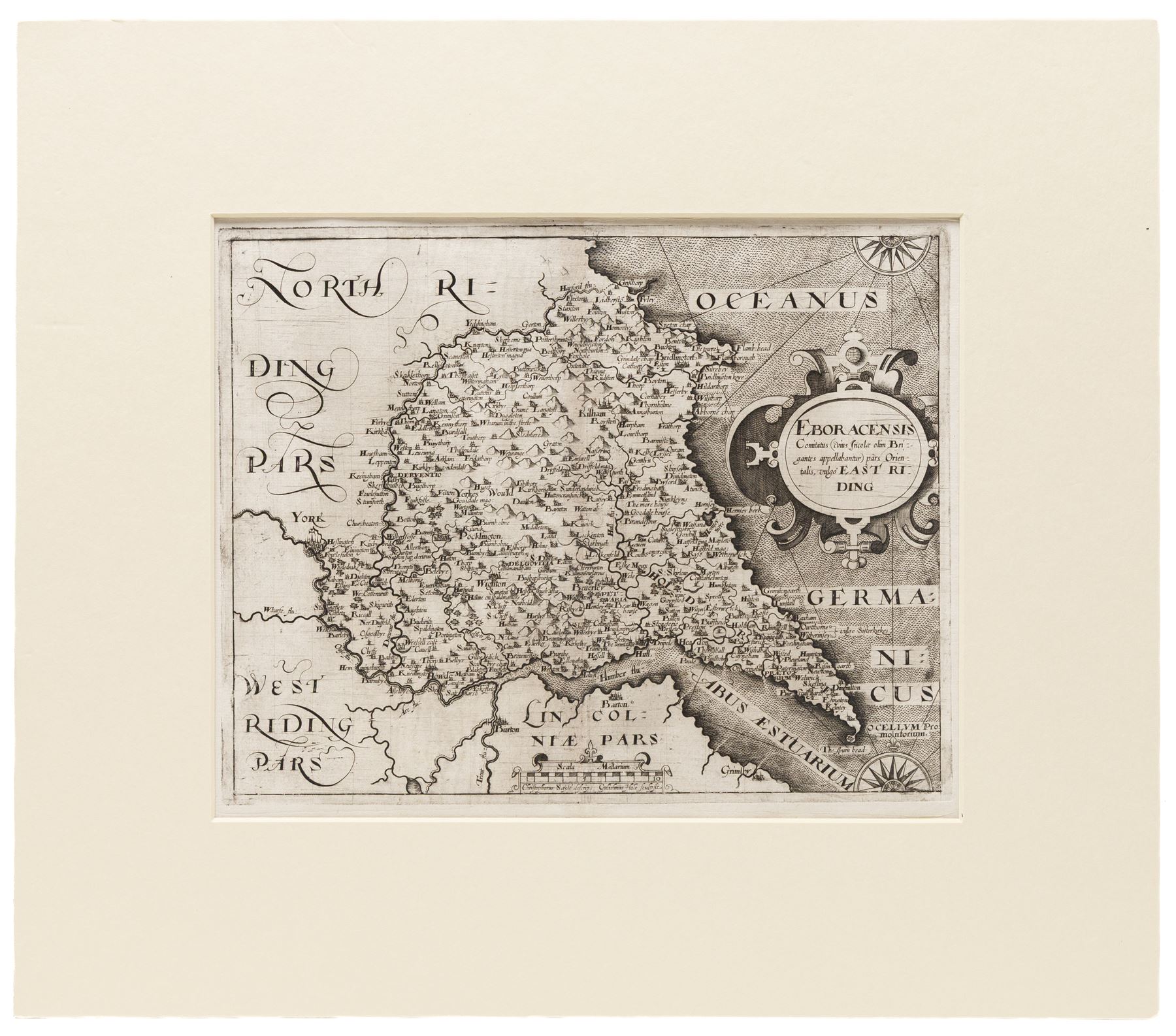 Gulielmus Hole (British ?-1624) and Christopher Saxton (British 1540-1610): 'Eboracensis Comitatus pars Orientalis vulgo East Riding', 17th century engraved map of the East Riding Yorkshire uncoloured pub. 'Camden's Britannia' c.1607, 21cm x 26cm (unframed)