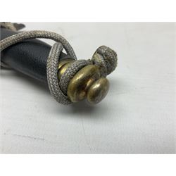 German Paul Weyersberg & Co Solingen DLV flyers dagger with 18cm steel blade, plated brass/tombac downswept cross-piece and pommel and leather covered grip, in leather and plated brass/tombac scabbard with leather hanger strap and silvered knot L35cm overall. Auctioneer's Note: After WWI Germany was forbidden an air force by the Treaty of Versailles however the Deutscher Luftsport-Verband (German Air-sport Association) was formed in March 1933 from various sports flying clubs and had branches for aeroplane, gliding and balloon flying. Under cover of the sporting DLV, many future Luftwaffe pilots trained to fly. DLV was embodied with the NSKK in March 1935 and on 1st March 1937 Luftwaffe was formed.