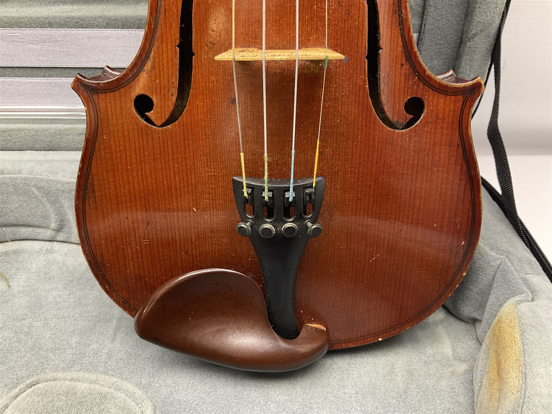 Early 20th century French Mirecourt violin with 35.5cm two-piece maple back and ribs and spruce top; bears label 'The Garrodus Violin H & Co No.1587 Anno 1912' L59cm overall; in modern fitted case with bow