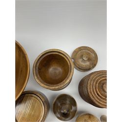 Collection of treen items including walnut jar, two yew bowls, laburnum bowl, coasters, two ducks etc.  