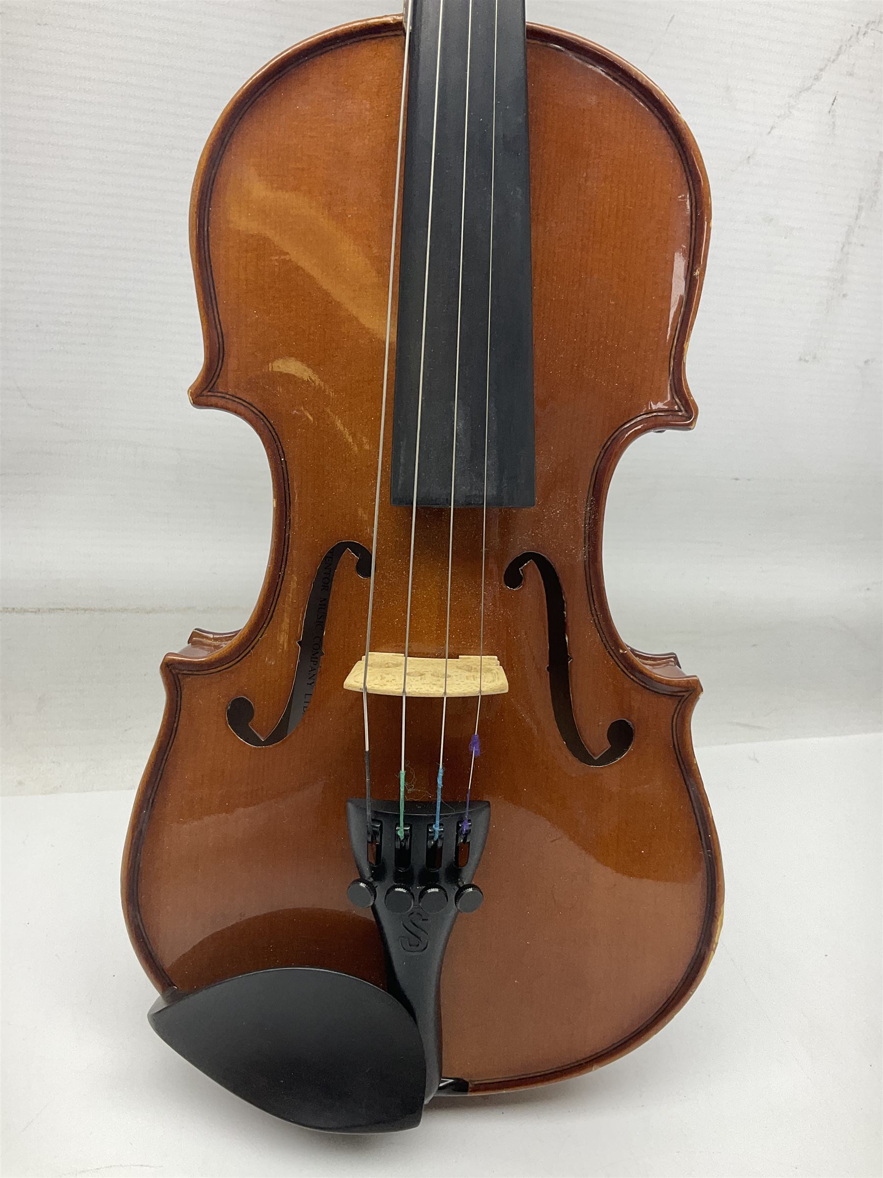 Three Stentor Student violins - three-quarter size with 33cm two-piece back; and two quarter size each with 28cm two-piece back; each in carrying case with bow (3)