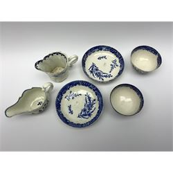 Late 18th century Liverpool Seth Pennington cream jug, H8.5cm, together with another late 18th century example, possibly also Liverpool Seth Pennington, and a pair of late 18th century Liverpool Seth Pennington tea bowls and saucers, saucer D12.5cm, tea bowl D8.5cm, (6)