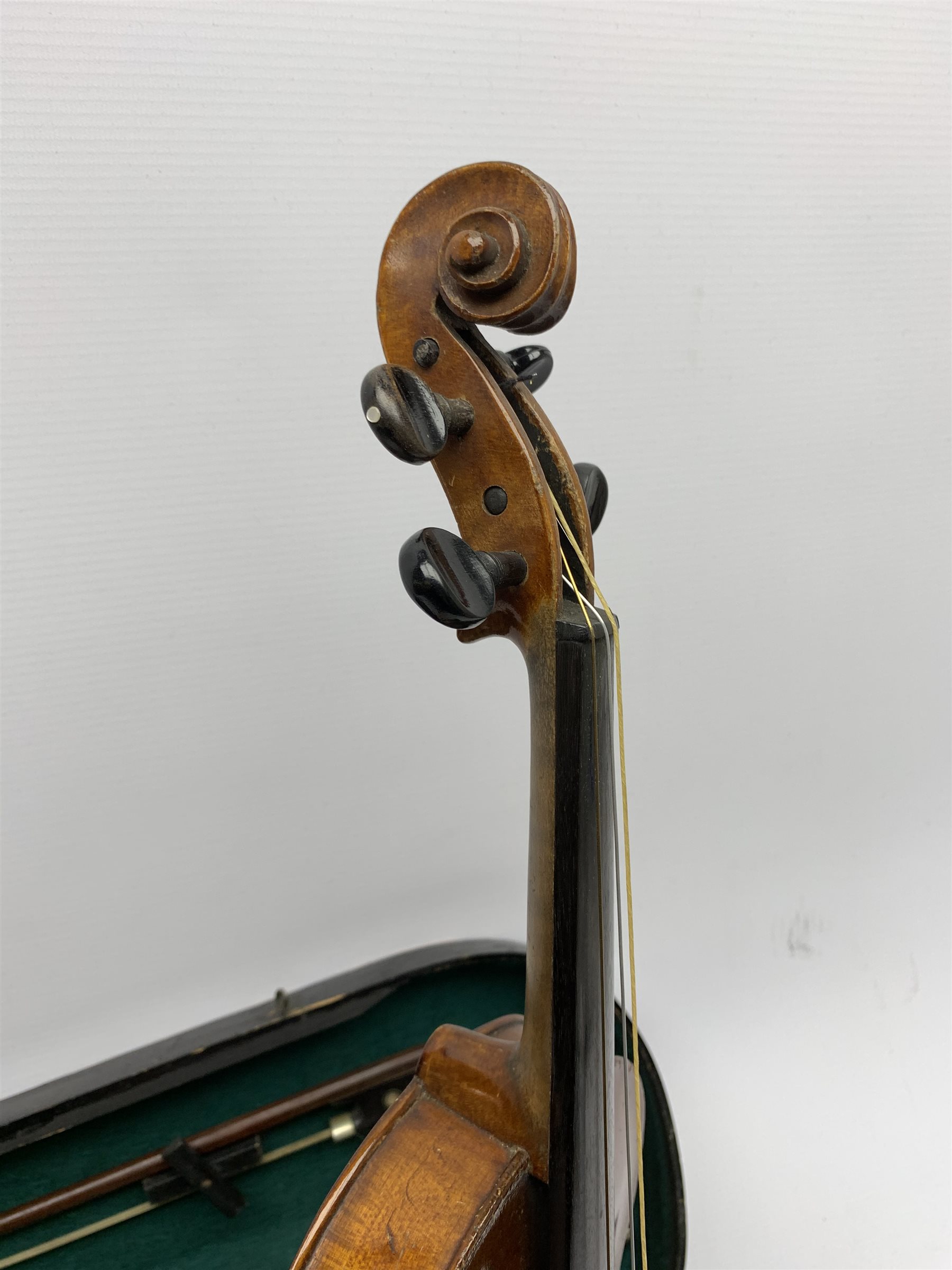 John Murdoch & Co. 'The Maidstone' three-quarter size violin with 33.5cm two-piece maple back and ribs and spruce top, bears label, 55cm overall, in original ebonised wooden 'coffin' case with two bows 