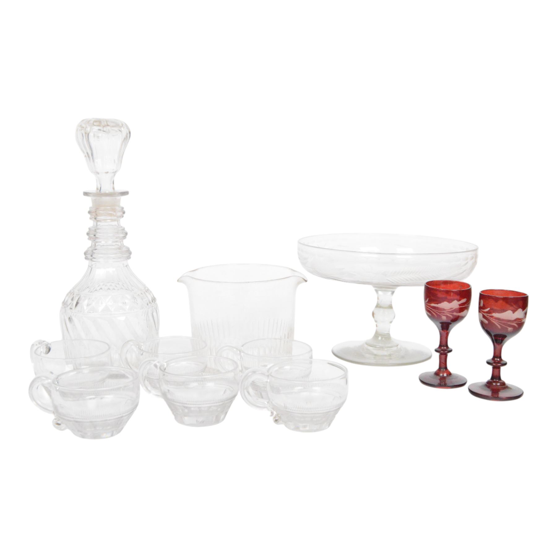 19th century and later glass, including etched tazza, jug, six punch cups, Irish decanter and two coloured glasses