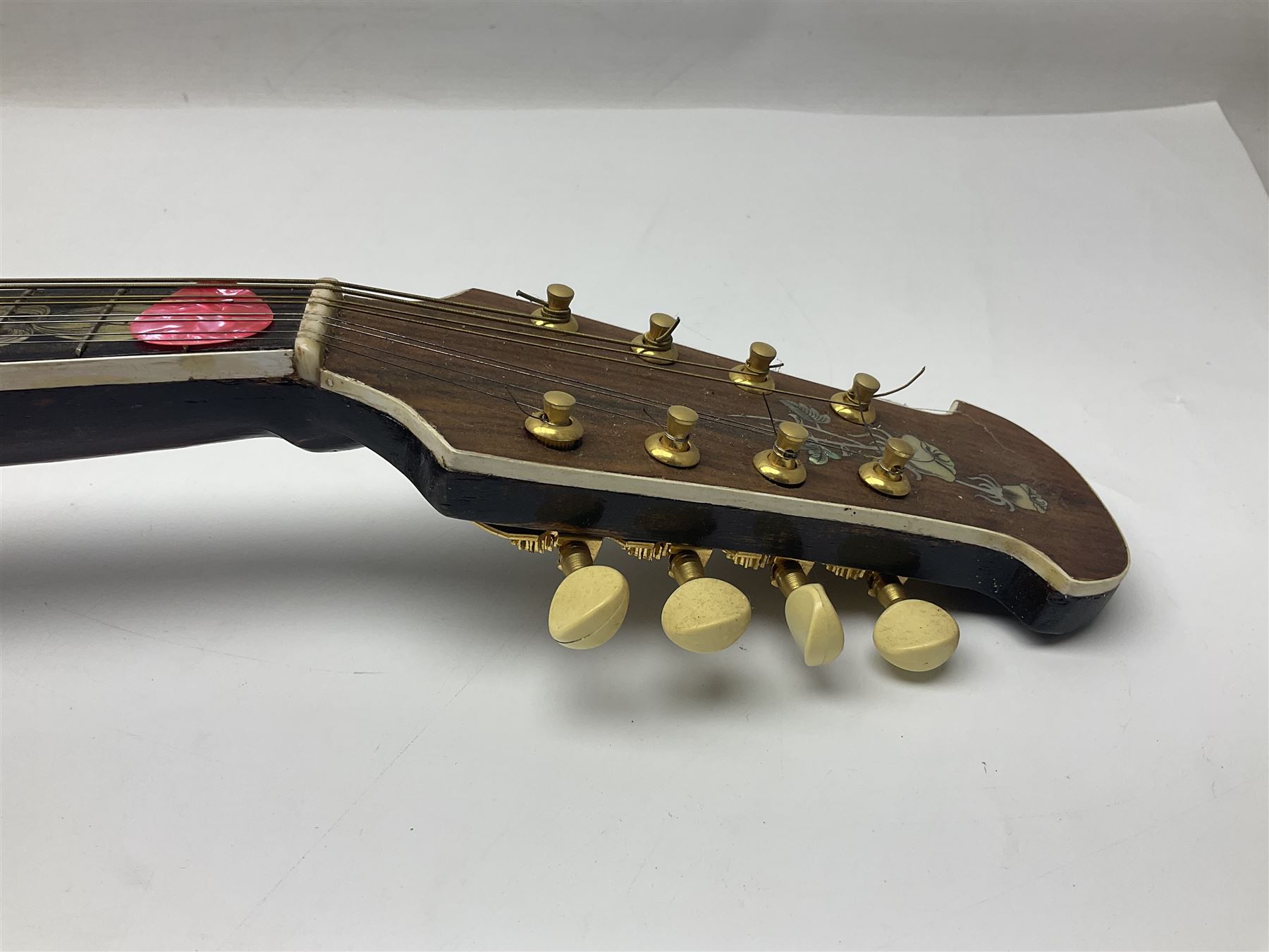 Eastern eight-string mandolin with sunburst finish and mother-of-pearl inlay L68.5cm; and another Harmony mandolin with cracked headstock (2)