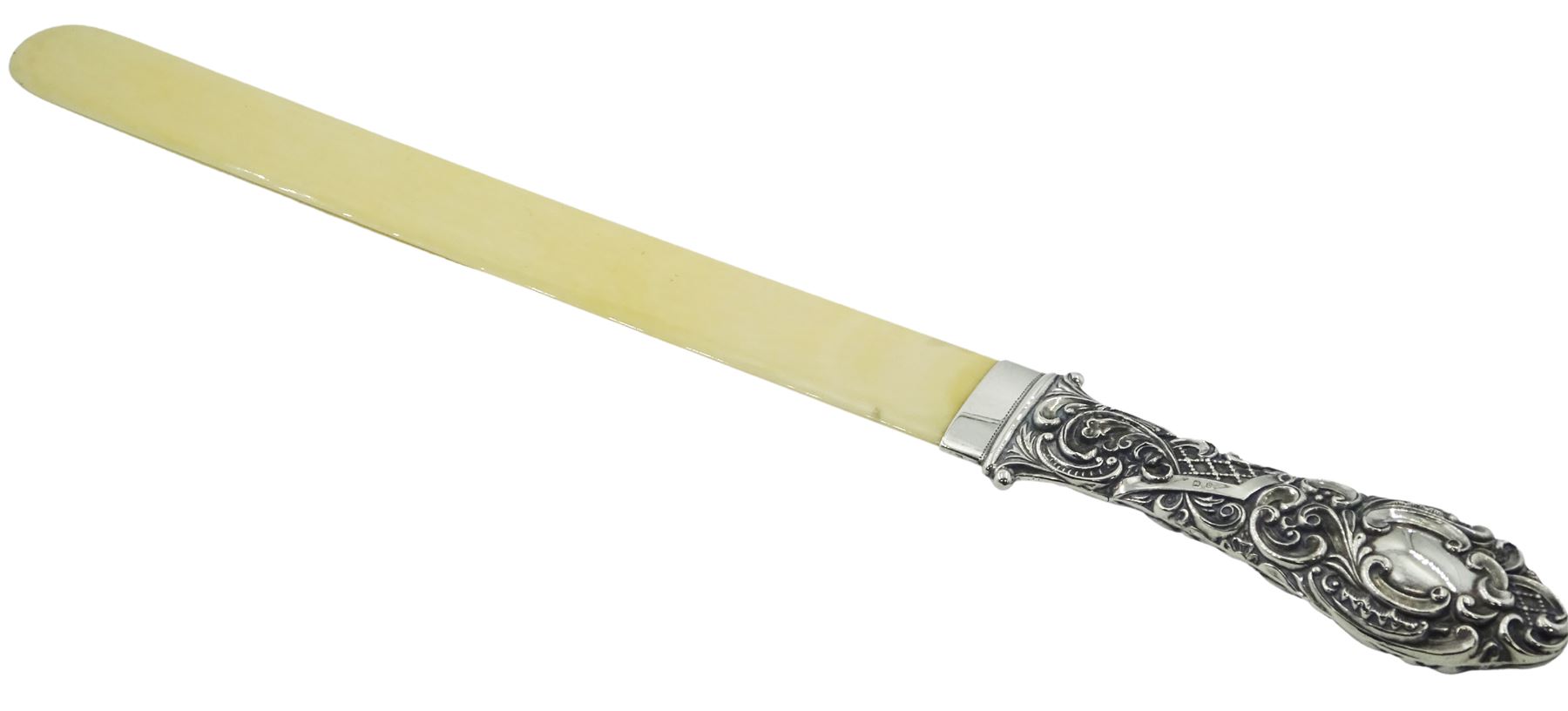 Victorian silver and ivory page turner, the repousse silver handle with foliate and C scroll decoration, hallmarked Crisford & Norris Ltd, Birmingham 1898, L35.5cm