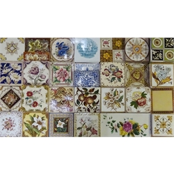  Collection of Victorian, early 20th century and modern dust-pressed tiles, mostly with floral transfer and block printed design, approx 15cm x 15cm and two larger floral printed tiles (57) Provenance: From a Private Yorkshire Collector  