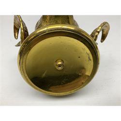 Brass figural inkwell, modelled as a ram's head, the hinged lid lifting to reveal interior with glass liner, raised upon circular spreading base, H11cm W14cm