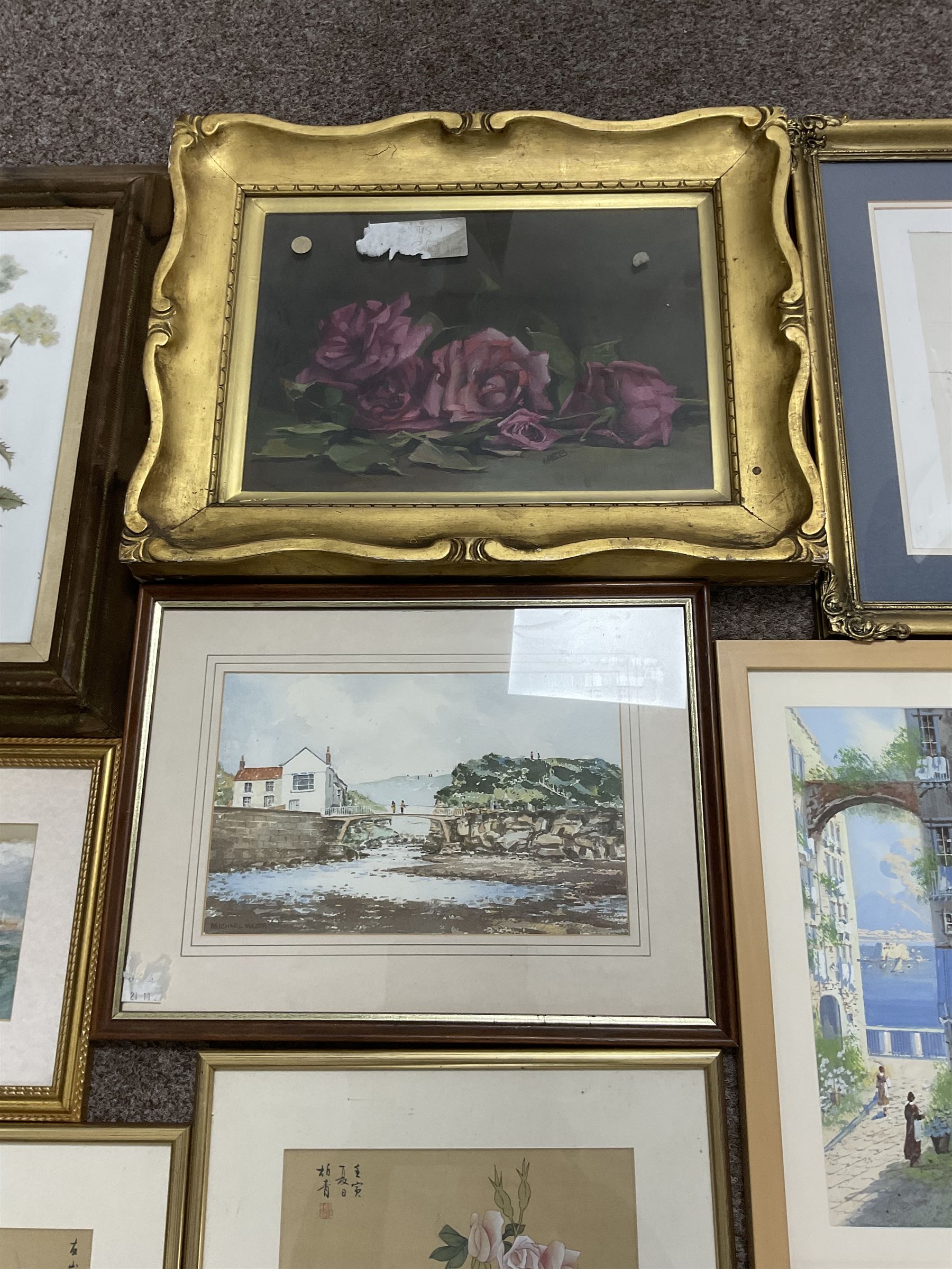 Collection of watercolours and other pictures, artists including FW Ridley (pair), AD Bell (pair unframed), James Orrock, Mel Fowler, Gianni, Michael Major (of Scalby Mills near Scarborough), still life oil in gilt frame, Whistler print, Japanese paintings on silk, etc