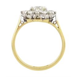 Gold nine stone transitional cut diamond daisy flower head cluster ring, stamped 18ct & Plat, principal diamond approx 0.70 carat, total diamond weight approx 1.90 carat