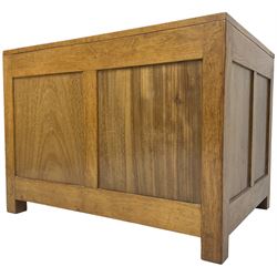 20th century panelled oak blanket chest, rectangular hinged top, raised on square supports