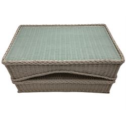 Painted rattan rectangular conservatory coffee table, with frosted glass top - sourced by Marston and Langinger