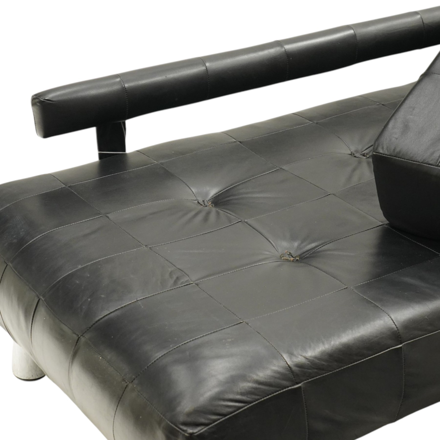 De Sede - 1970s 'DS 80' black leather modular settee or daybed, low upholstered bacl with loose rectangular back cushions over padded seat, raised on tubular chrome supports