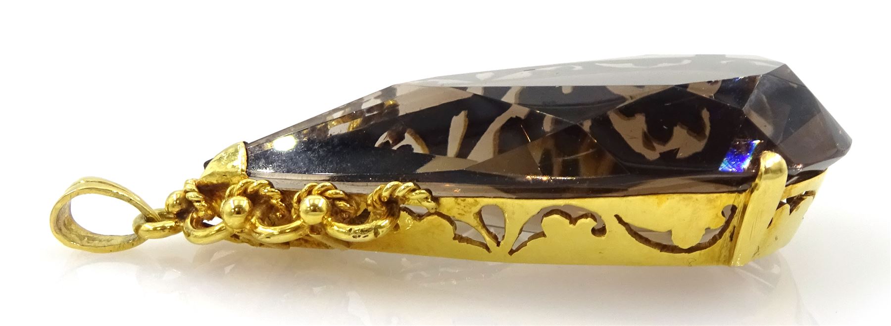 14ct gold pear cut smokey quartz pendant, stamped 585 with pair of similar 14ct gold pendant stud earrings