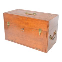 Two writing slopes, including brass bound mahogany example, together with a wooden box with brass handles to sides and cover, tallest H28cm