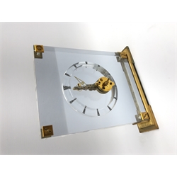 Mid 20th century Jaeger-LeCoultre skeleton clock, gilt metal mounts and stepped base, W18cm, H20cm