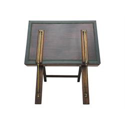 Late 20th century mahogany folding folio stand, the angled top and fold-out shelf decorated with a William Morris-style pomegranate and foliage pattern, supported by a folding A-frame structure