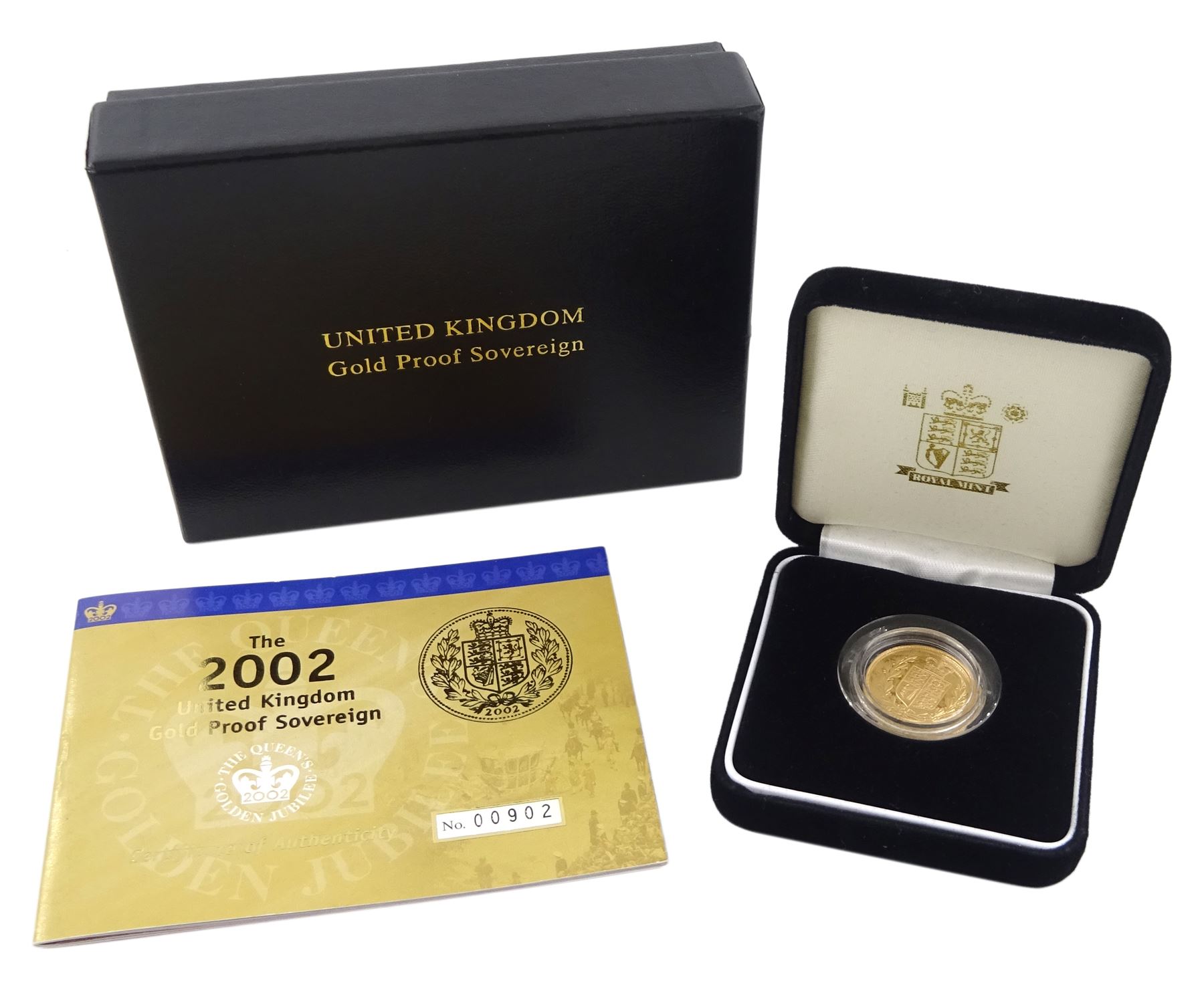 Queen Elizabeth II 2002 'Golden Jubilee' gold proof shield back full sovereign coin, cased with Royal Mint certificate