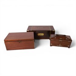Victorian mother of pearl inlaid rosewood sarcophagus-shaped tea caddy, together with a br...