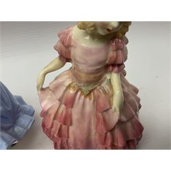 Five Royal Doulton figures, including Shore Leave HN2254, The Old Balloon Seller HN1315, Rose HN1348 etc, together with Royal Worcester Coquette