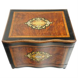 19th century French Boulle-style cave à liqueur or travelling decanter set, with musical mechanism playing carrara bonne de ay and Locked in the old Kent Road, the walnut box of serpentine front, the hinged lid with central brass and mother of pearl cartouche, with removable wooden tiered tray with gilt metal handle, containing four foliate etched glass decanters and sixteen glasses, H27cm