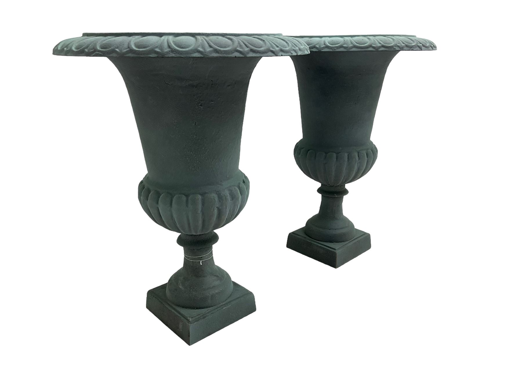 Pair of Victorian design teal painted cast iron campana shaped garden urns, egg and dart rim over a gadrooned underbelly, tapering column on square plinth base - THIS LOT IS TO BE COLLECTED BY APPOINTMENT FROM DUGGLEBY STORAGE, GREAT HILL, EASTFIELD, SCARBOROUGH, YO11 3TX