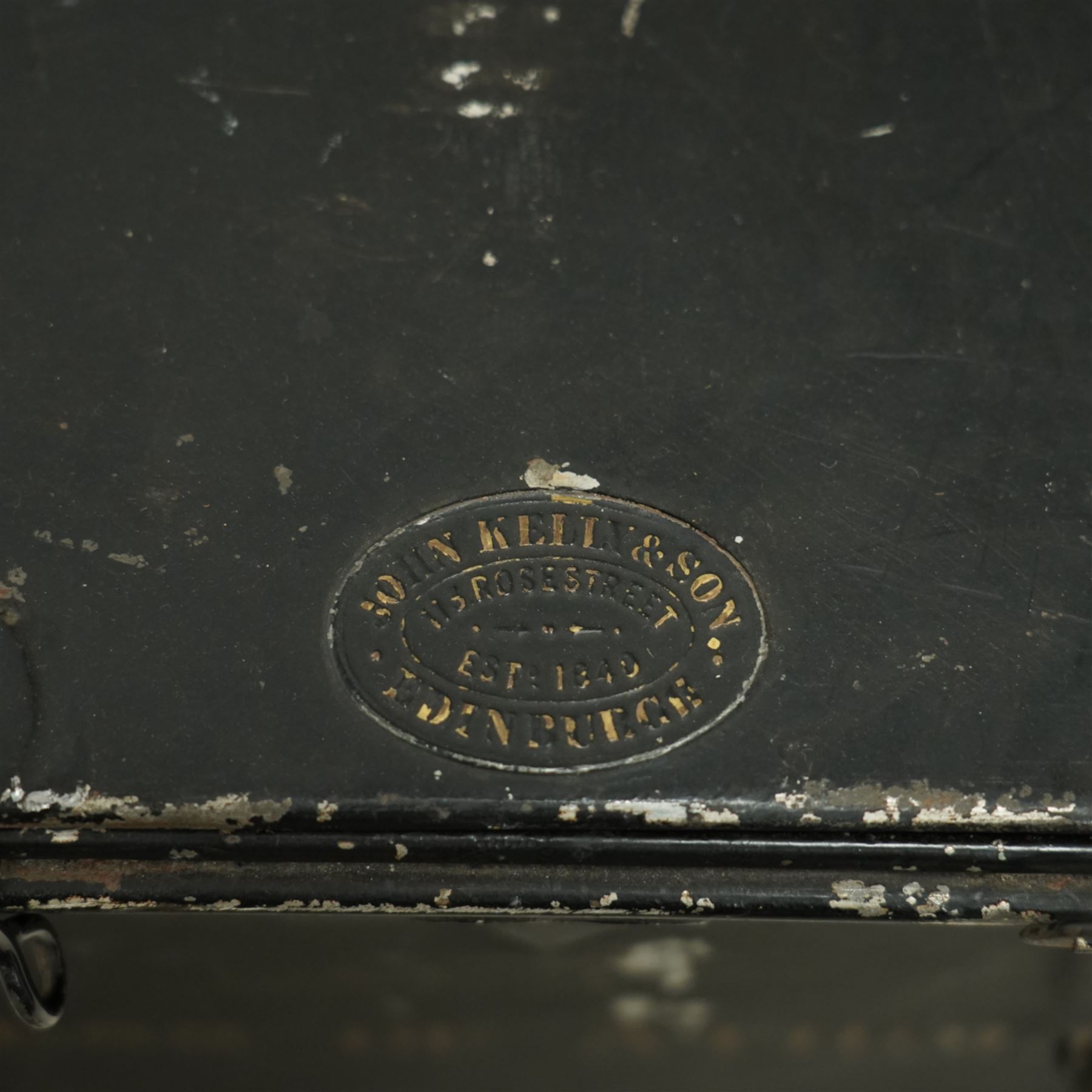 19th-century painted steel document box, front opening with shelf and side-mounted carrying handles, with maker's stamp for John Kelly & Son, Edinburgh, painted in gold lettering, 