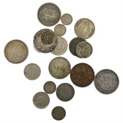 Approximately 50 grams of pre 1920 and approximately 47 grams of pre 1947 Great British silver coins, King George V India 1911 one rupee, South Africa 1897 two and a half shillings (holed) and other coinage