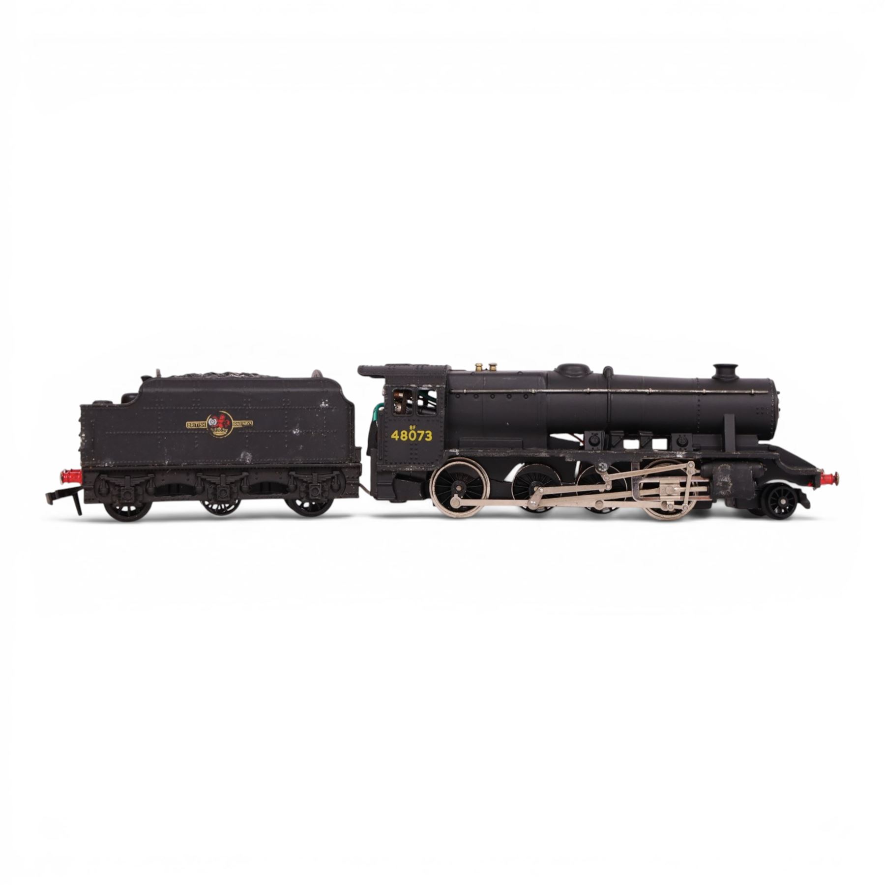 Three Hornby Dublo 00 gauge locomotives in black, comprising 2224 L.M.R 2-8-0 8F Locomotive and Tender no. 48073, 2218 2-6-4 Tank Locomotive no. 80033 and 2217 0-6-2 Tank Locomotive B.R. no. 69550, all boxed