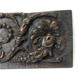 18th century oak panel carved with a cherubs head in high relief among fruit and foliage, W75cm