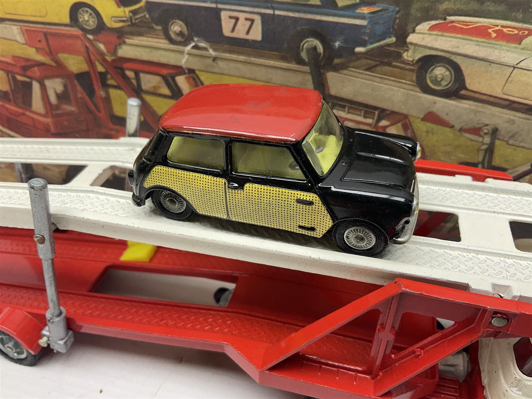 Corgi - Gift Set no.41 comprising Carrimore Mark Iv Transporter, Morris Mini-Cooper, BMC Mini-Cooper S, Morris Mini-Minor, Volvo P.1800 and Sunbeam IMP; missing MGC GT car; in original box 
