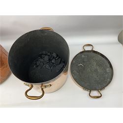 Large twin handled copper coal scuttle and cover and copper and brass riveted bucket with handle, bucket D36cm