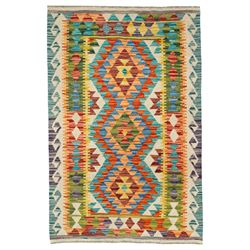 Kilim rug, handwoven flat weave rug with geometric diamond designs and stepped lozenges on...