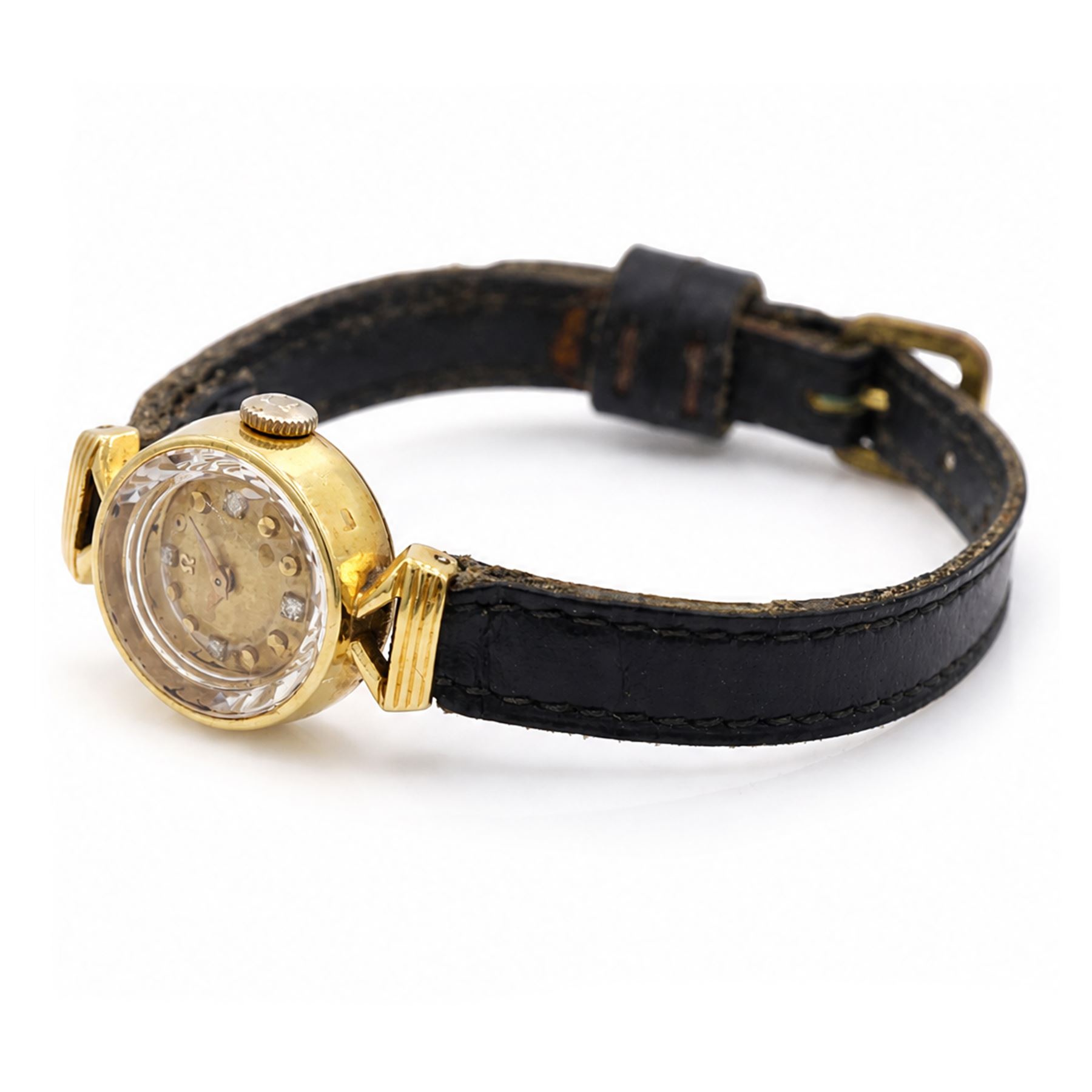 Omega ladies 18ct gold manual wind wristwatch, Cal. 483, gilt dial with diamond and dot hour markers, Helvetia hallmark,