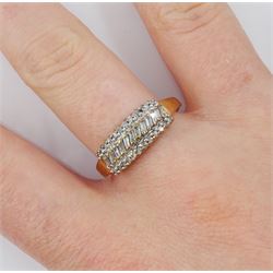 9ct gold baguette and round brilliant cut diamond ring, hallmarked