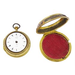19th century gilt metal, triple cased verge fusee pocket watch, for the Turkish market by Edward Prior, London, No. 62801, pierced and engraved balance cock decorated with a classical urn, white enamel dial with Turkish hour markers, the outer tortoiseshell case, with pique work borders