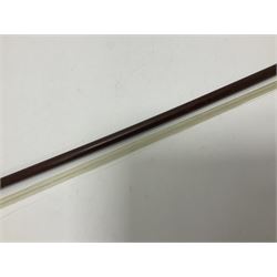 19th century wooden violin bow with a decorative mother of pearl inlay depicting flowers to the frog, with a bone adjuster screw